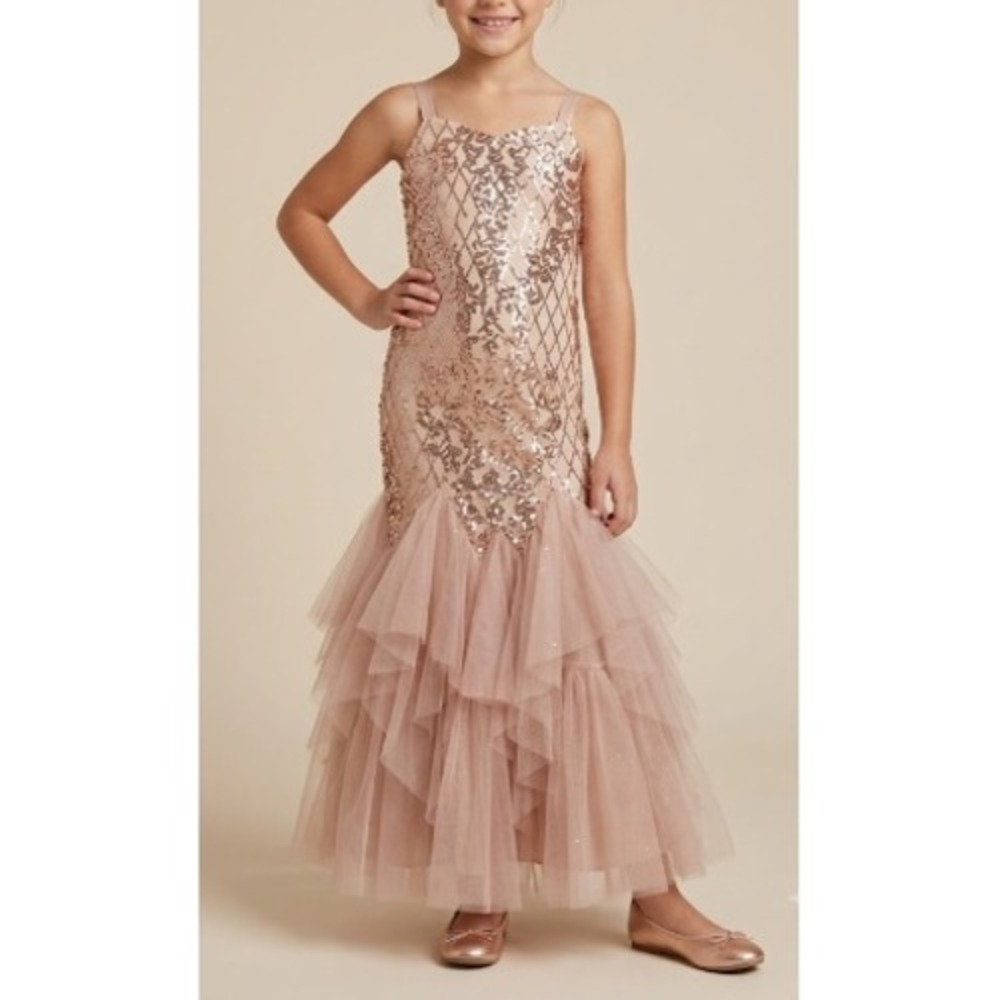 Alisa & Leo Girls Rose Gold Sequin Mermaid Gown Tiered Tulle Dress Size 8Y